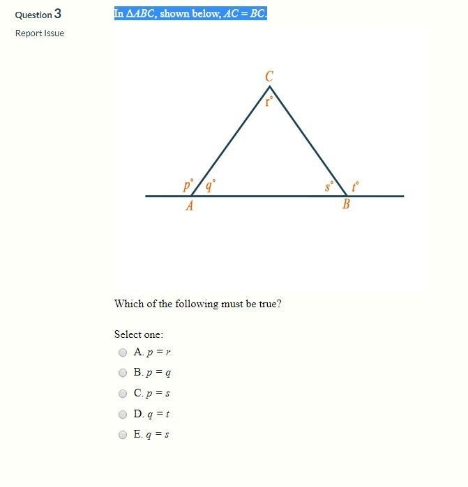 In ΔABC, shown below, AC = BC. Which of the following must be true? Select one: A-example-1