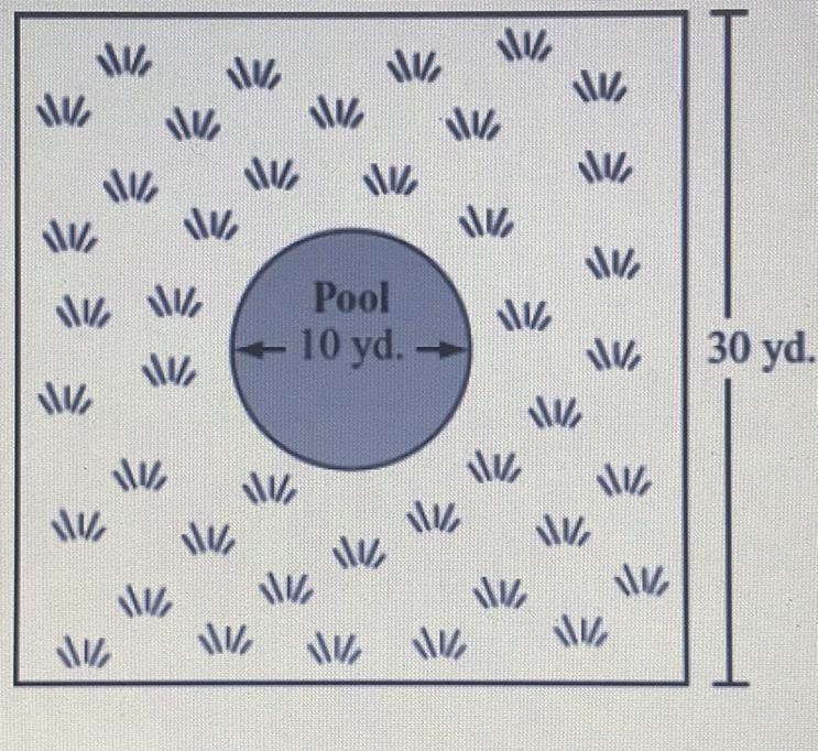 The park shown below is square shaped . The ground surrounding the pool is covered-example-1