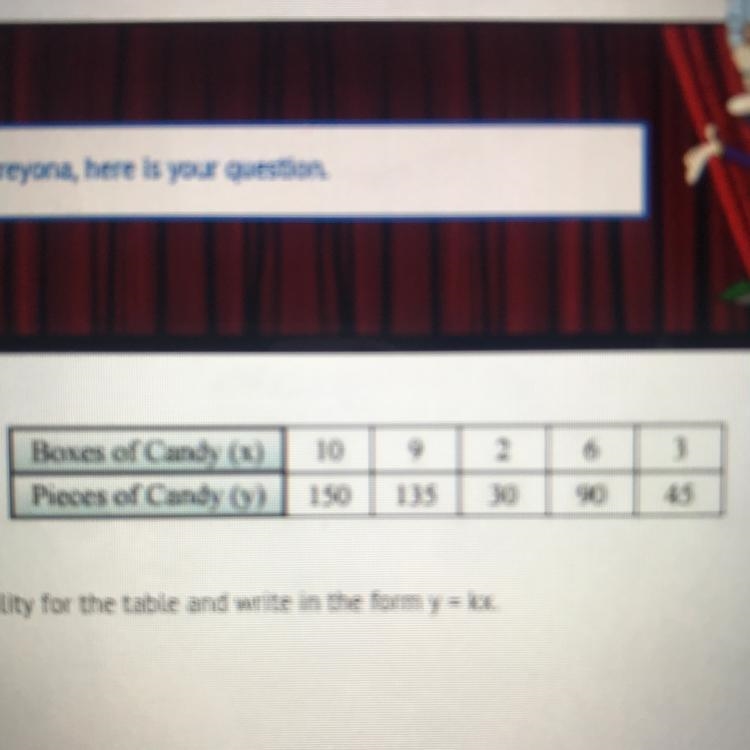 Boxes of Candy (x) Pieces of Candy ) 10 150 9 135 2 30 6 90 3 45 Find the constant-example-1