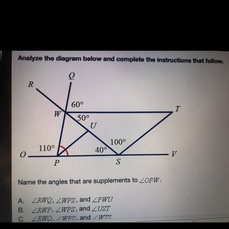 Name the angle that are supplements to Angle OPW.-example-1