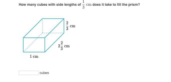 PLS ANSWER How many cubes with side lengths of 1/3 cm does it take to fill the prism-example-1