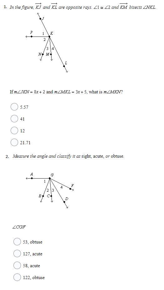 HELP!!! 12 points 1. In the figure, KJ and KL are opposite rays. <1 = <2 and-example-1