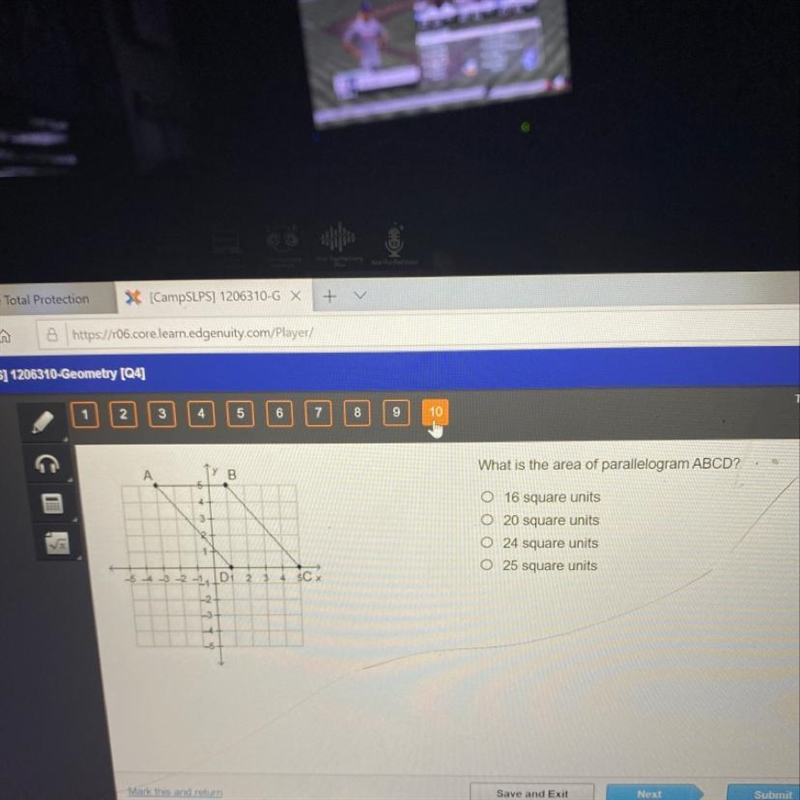 What is the area of parallelogram ABCD? .. O 16 square units O 20 square units O 24 square-example-1