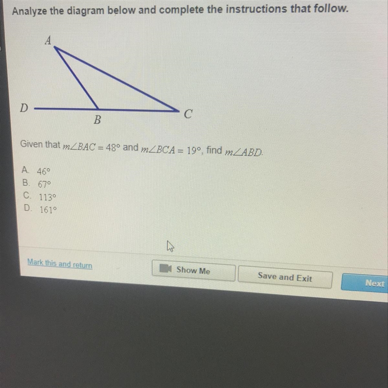 Given that m angle BAC=48^ and m angle BCA=19^ , find m angle ABD-example-1