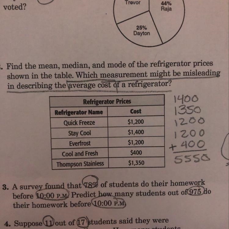 Find the mean, median, and mode of the refrigerator prices shown in the table. Which-example-1