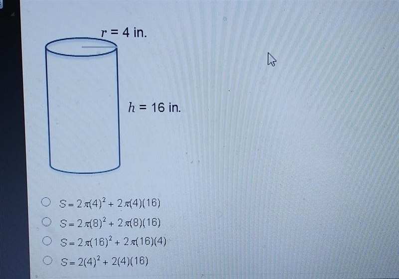 Which equation can be used to find the surface area of the cylinder? ​-example-1