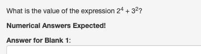 What is the value of the expression 2^4 + 3^2? Numerical Answers Expected!-example-1