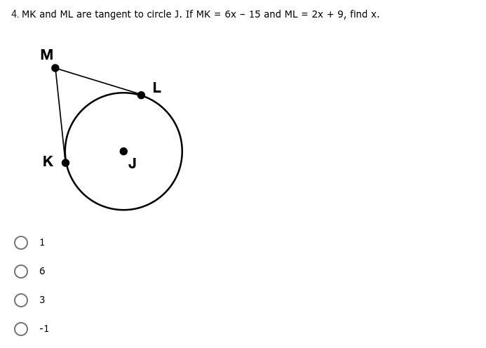 / / * ANSWER PLS * / / MK and ML are tangent to circle J. If MK = 6x – 15 and ML = 2x-example-1