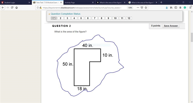 What is the area of the figure? 6-sided concave polygon with side with 40 inches, 10 inches-example-1