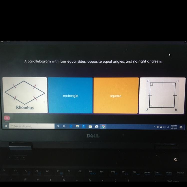 A parallelogram with four equal sides, opposite equal angles, and no right angles-example-1