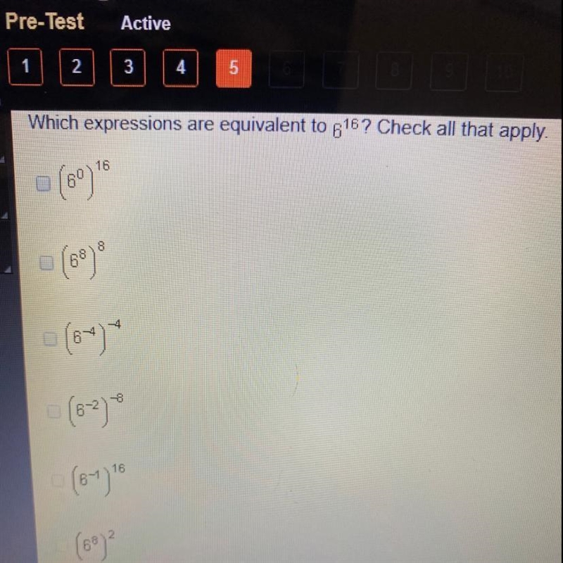 Which expressions are equivalent to 6^16? Check all that apply.-example-1