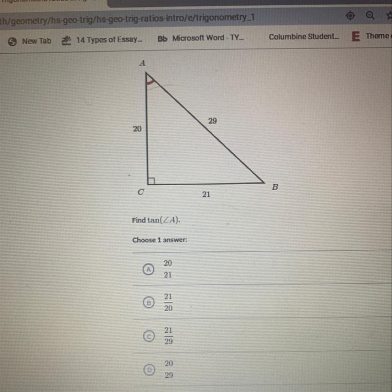 Find tan(ZA). 20/21 21/20 21/29 20/29-example-1