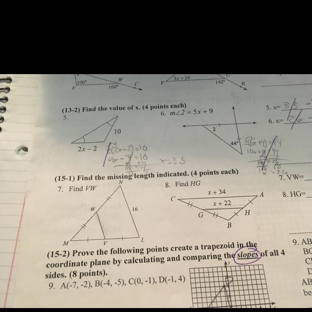 Find the missing length indicated 7. Find VW And 8. HG-example-1