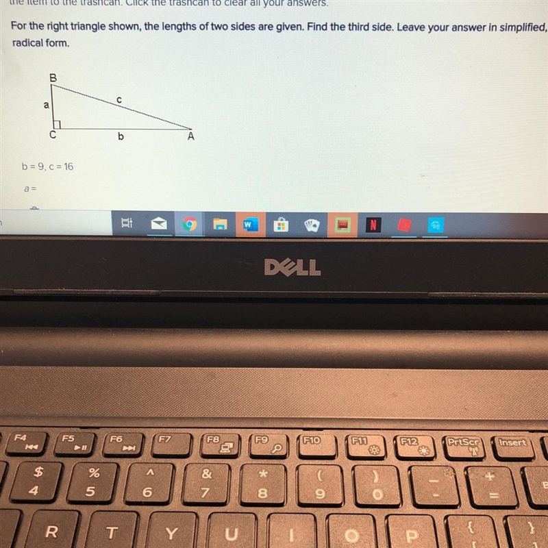 For the right triangle shown, the lengths of two sides are given. Find the third side-example-1