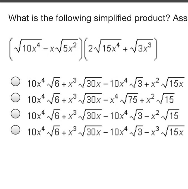 What is the following simplified product? Assume x>/0 (sqrt 10x^4 - x sqrt 5x^2)(2sqrt-example-1