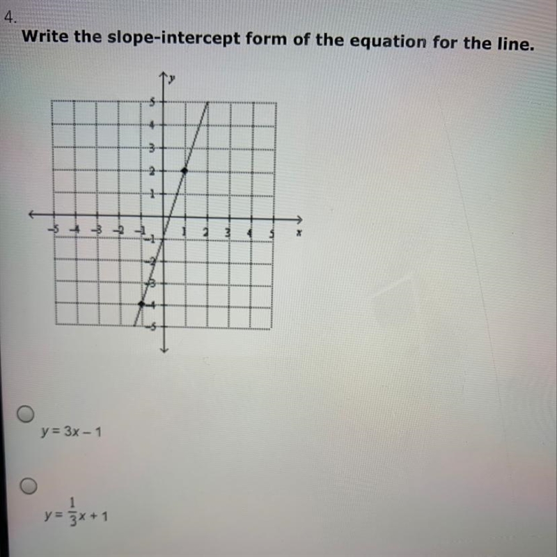 Write the slope-intercept form of the equation for the line. A.)y=3x-1 B.)y=1/3x+1 C-example-1