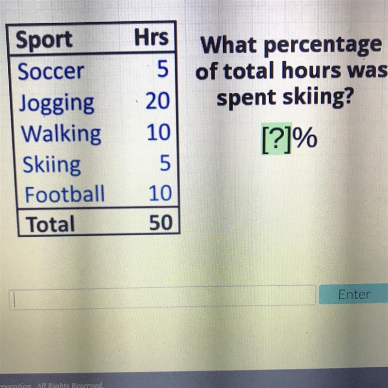 Hrs 20 Sport Soccer Jogging Walking Skiing Football Total what percentage of total-example-1