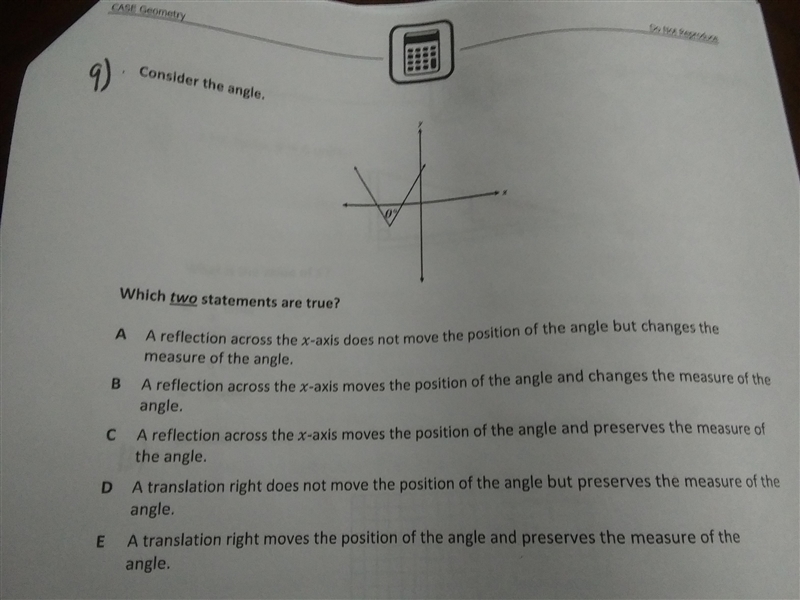 Consider the angle. Which TWO statements are true?-example-1