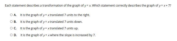 Which statement correctly describes the graph of y = x + 7?-example-1