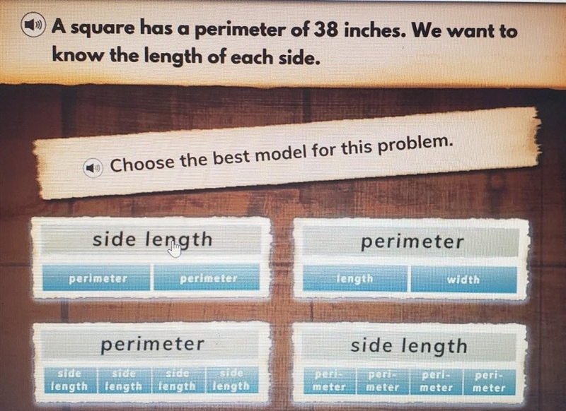 A square has a perimiter of 38 inches. We want to knoe the length of each side. .Choose-example-1