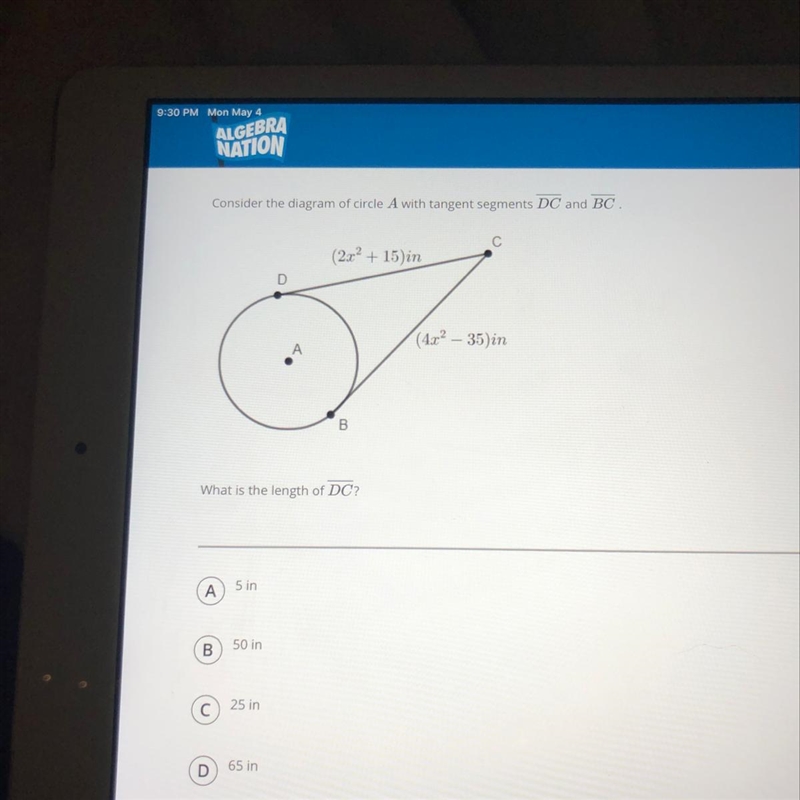 Consider the diagram of circle A with tangent segments DC and BC. What is the length-example-1