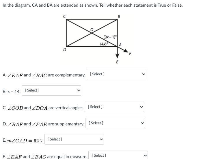 In the diagram, CA and BA are extended as shown. Tell whether each statement is True-example-1