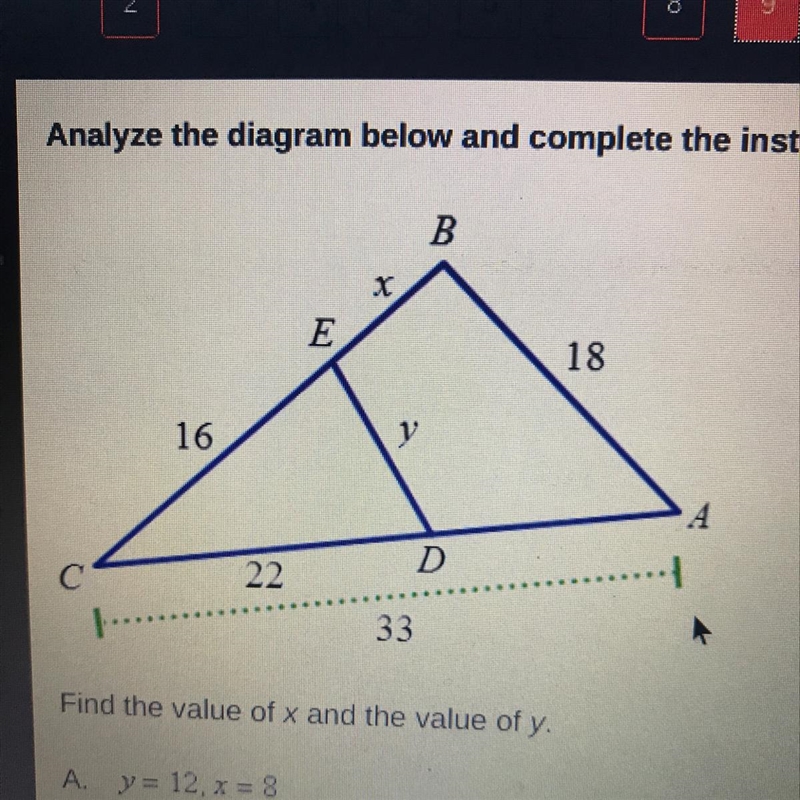 Find the value of x and the value of y. A. y = 12, x = 8 B. y = 12.x = 24 C. y = 14.x-example-1