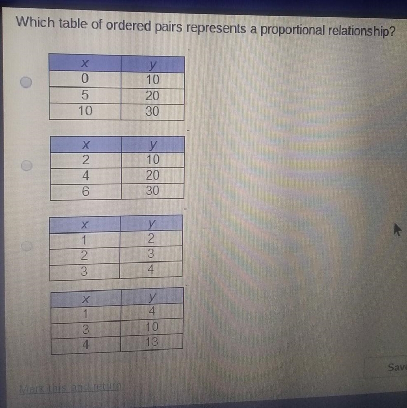 Which table of ordered pairs represents a proportional relationship?​-example-1