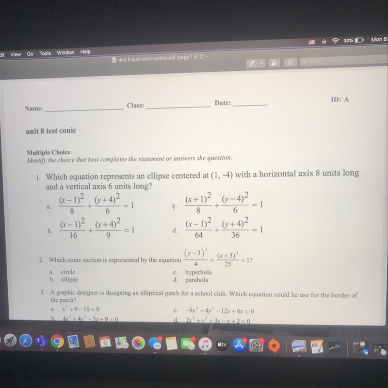 1. Which equation represents an ellipse centered at (1, -4) with a horizontal axis-example-1