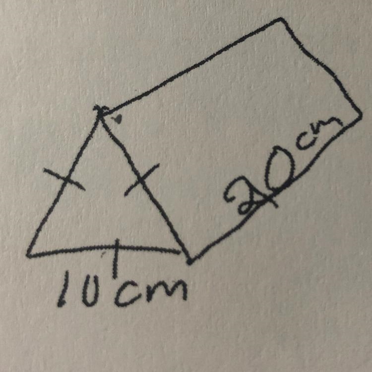 Assuming the volume of a trigonal prism, who has a side of 10cm and a length of 20 cm-example-1