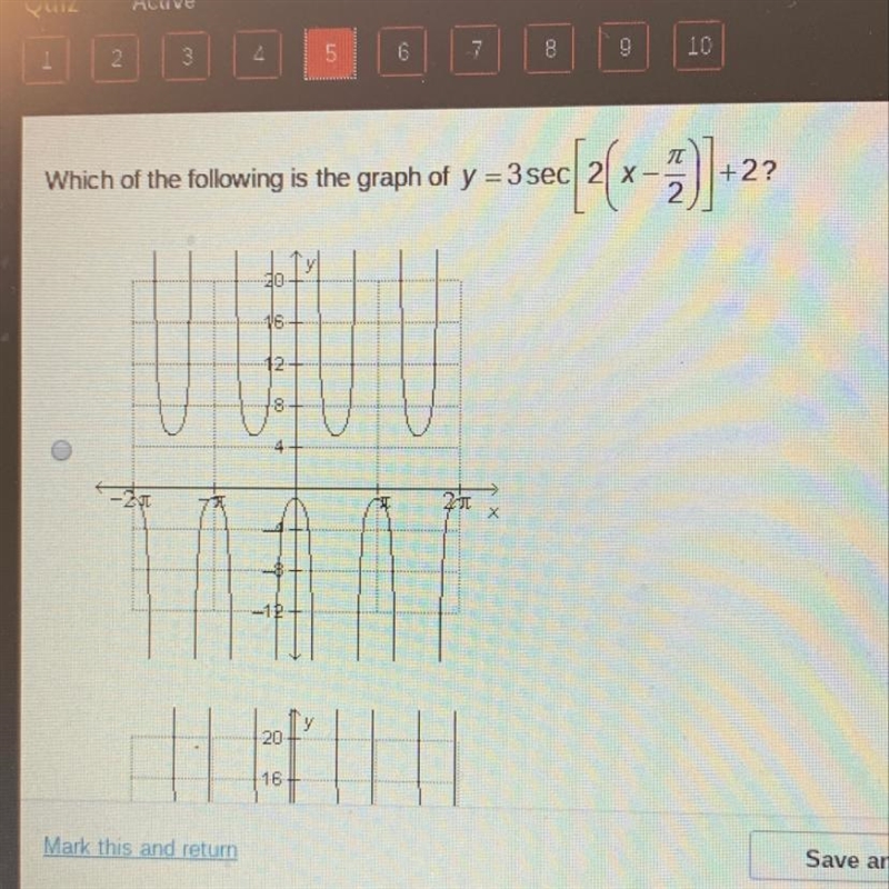 Which of the following is the graph of y=3sec[2(x-pi/2)]+2-example-1