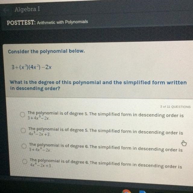 3+(x)(4x)-2x What is the degree of this polynomial and the simplified form written-example-1