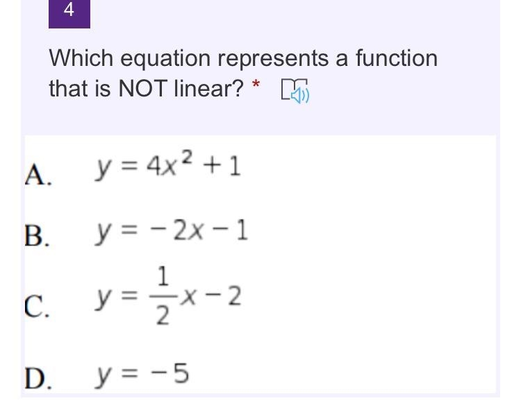 Which equation represents a function that is NOT linear? Please answer (15pts)-example-1