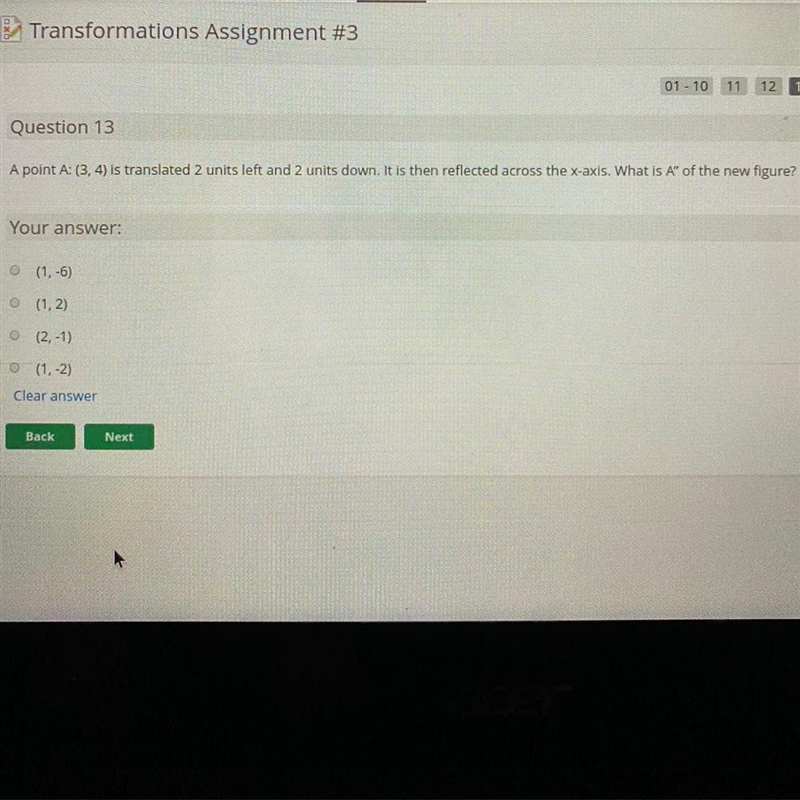 A point A: (3,4) is translated 2 units left and 2 units down. It is then reflected-example-1