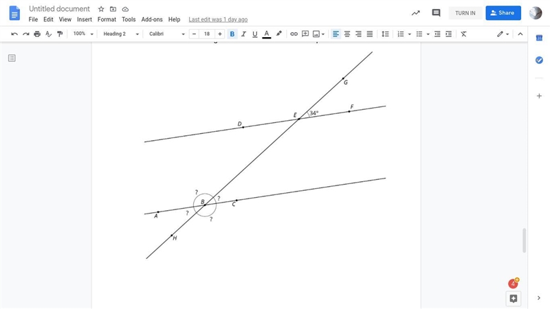 HELP Using what you noticed, find the measures of the four angles at point B in this-example-1