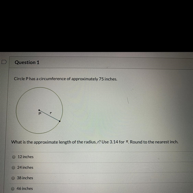 Circle Phas a circumference of approximately 75 inches. What is the approximate length-example-1