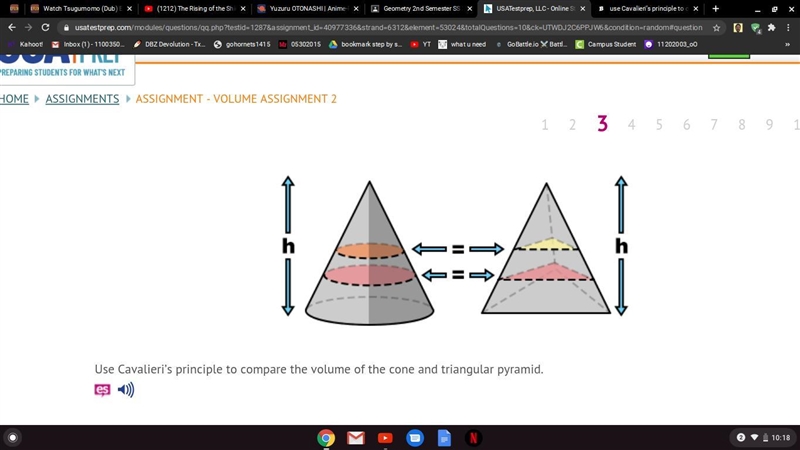 Use Cavalieri’s principle to compare the volume of the cone and triangular pyramid-example-1