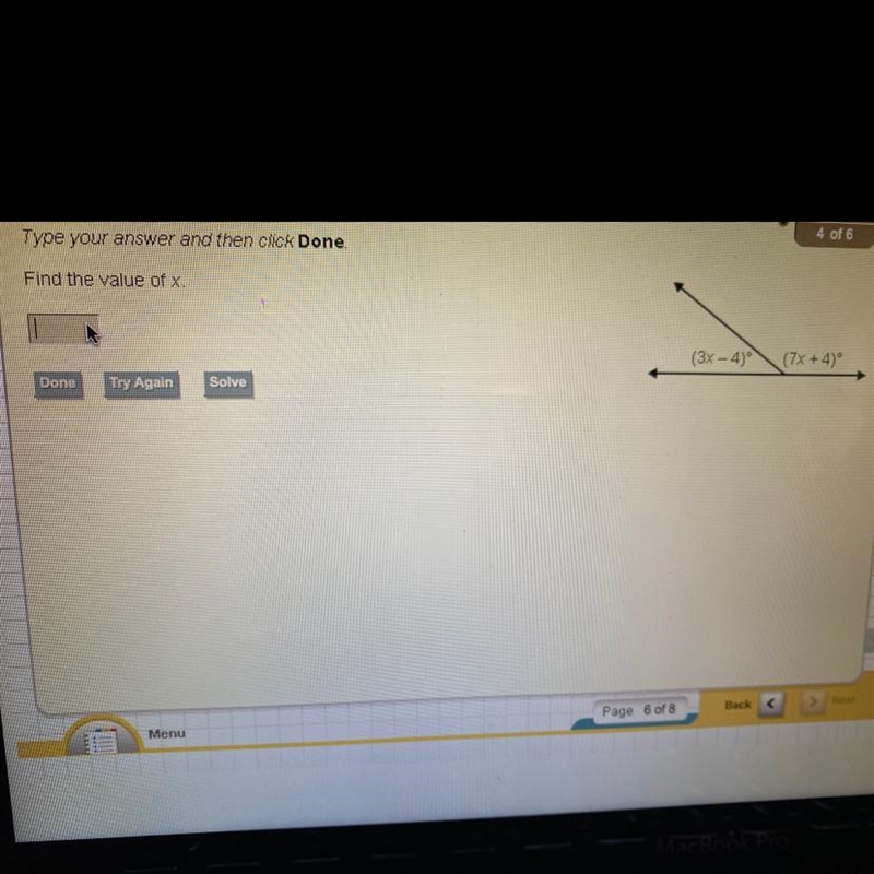 Find the value of x. (3x-4) (7x+4)-example-1