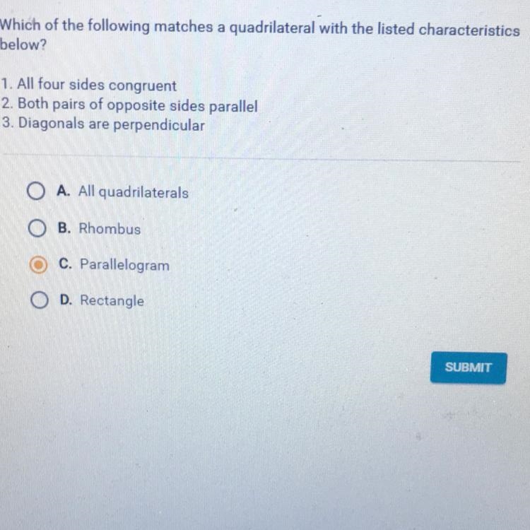 Which of the following matches a quadrilateral with the listed characteristics below-example-1