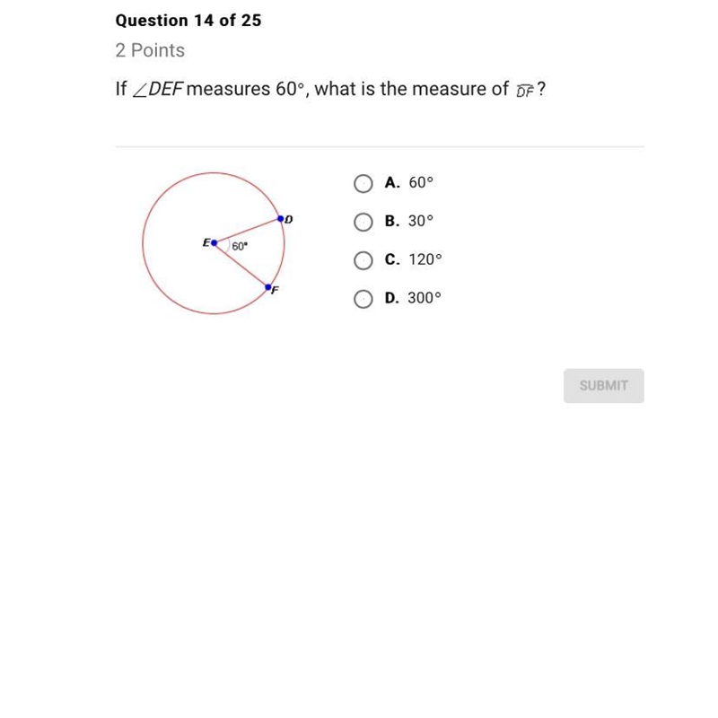 If DEF measures 60, what is the measure of arc df?-example-1