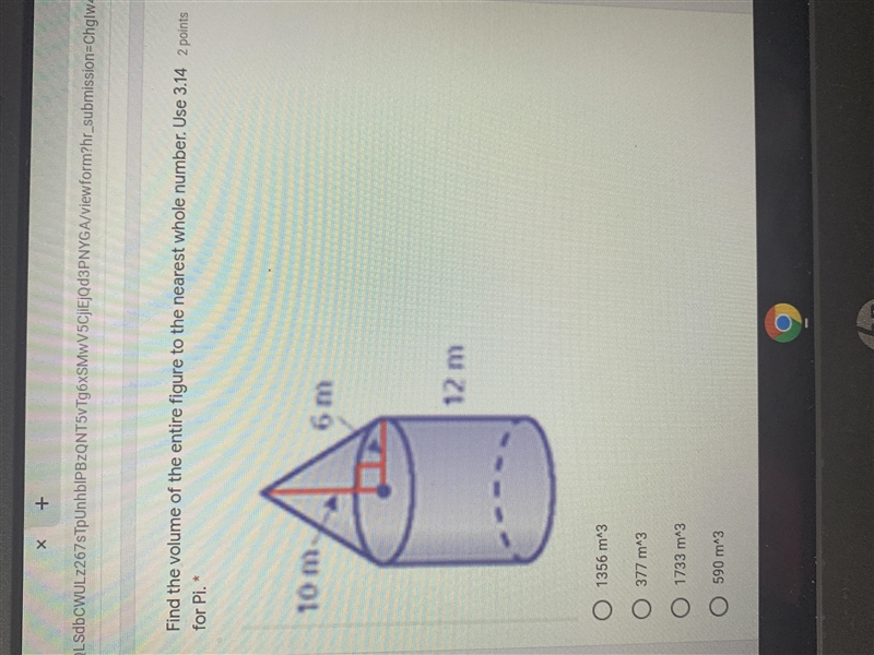 Find the volume of the entire figure to the nearest whole number. Use 3.14 for Pi-example-1