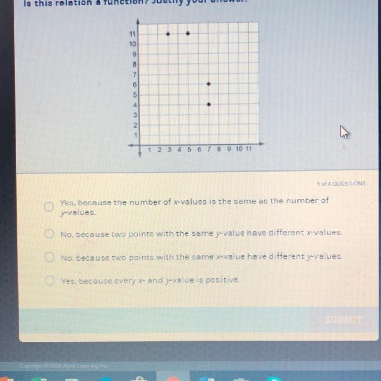 Is this relation a function? Justify your answer. OUESTIONS as the number of Yes, because-example-1