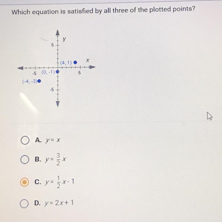 Which equation is satisfied by all three of the plotted points? Plz someone explain-example-1