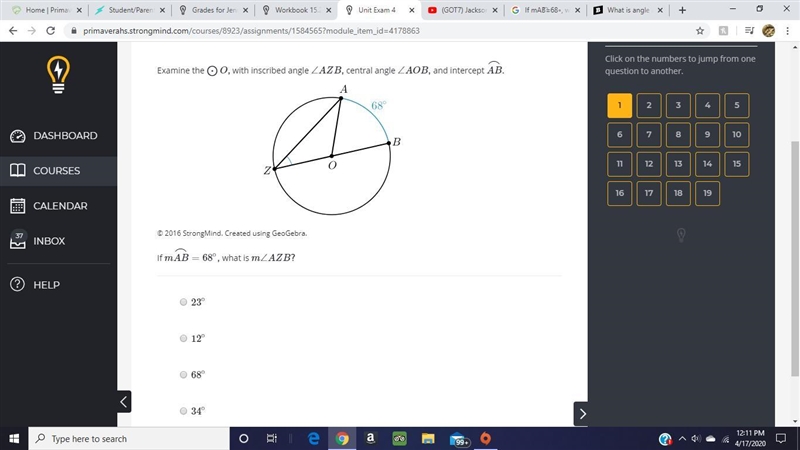 If mAB⌢=68∘, what is m∠AZB?-example-1