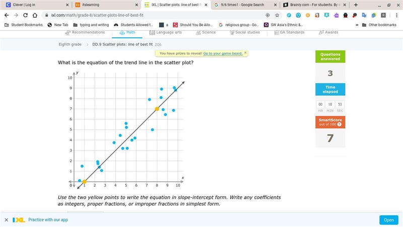 What is the equation of the trend line in the scatter plot? Use the two yellow points-example-1