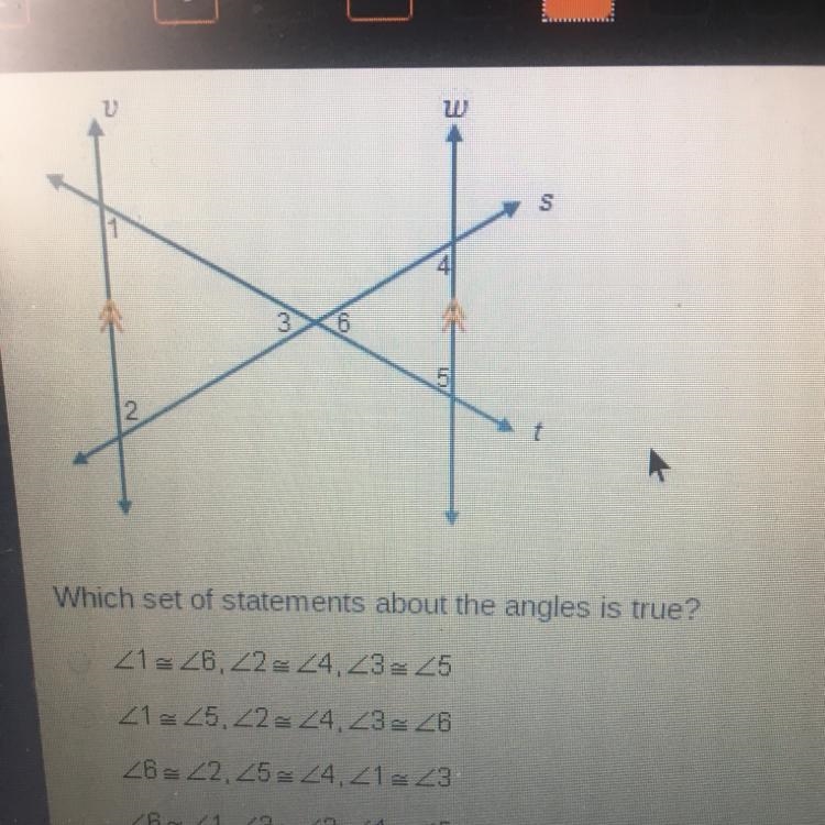 Which set of statements about the angles is true? 21= 26,22= 24,2325 21= 25,224 24.23= 26 26= 22.25= 24,2123 26% 21,23 22,24 25-example-1