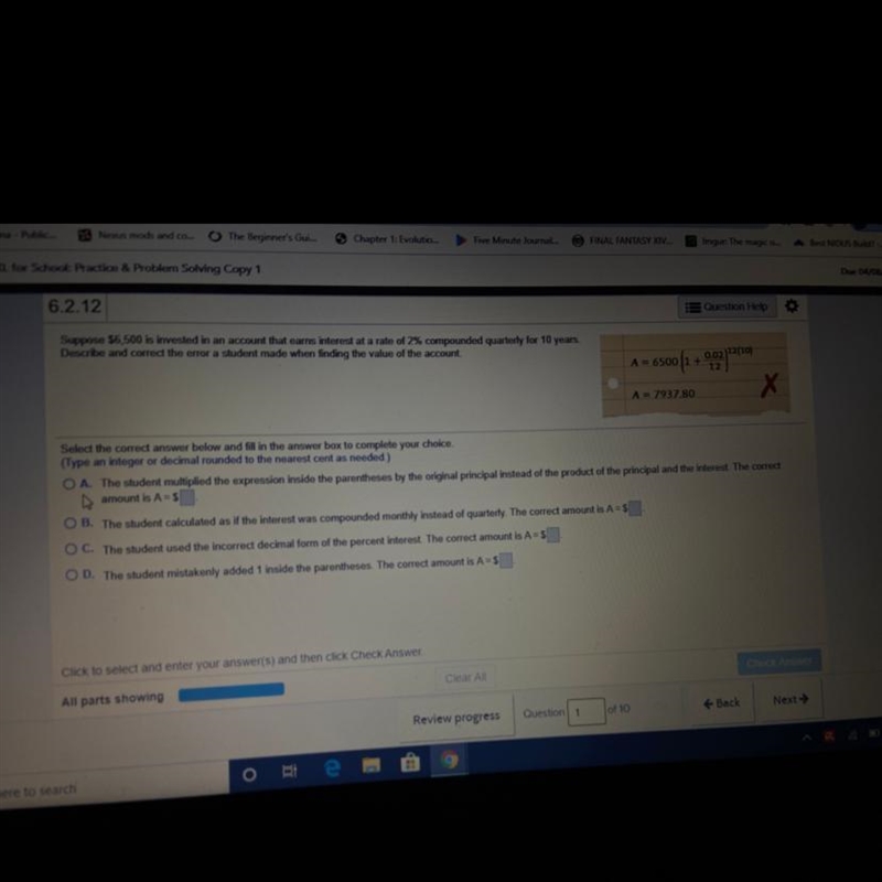 Suppose $6,500 is invested in an account that earns interest at a rate of 2% compounded-example-1