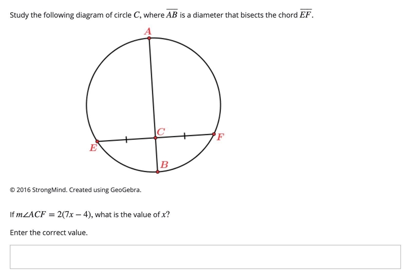 1) Please help. If m∠ACF=2(7x−4), what is the value of x? Enter the correct value-example-1