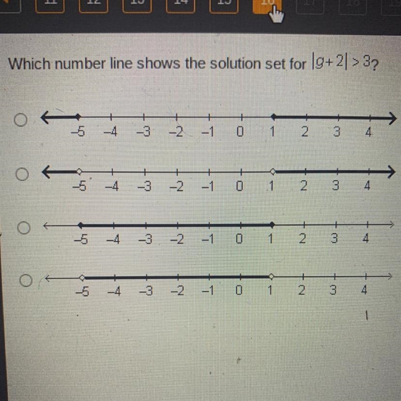 Which number line shows the solution set for |g+2| > 3?-example-1