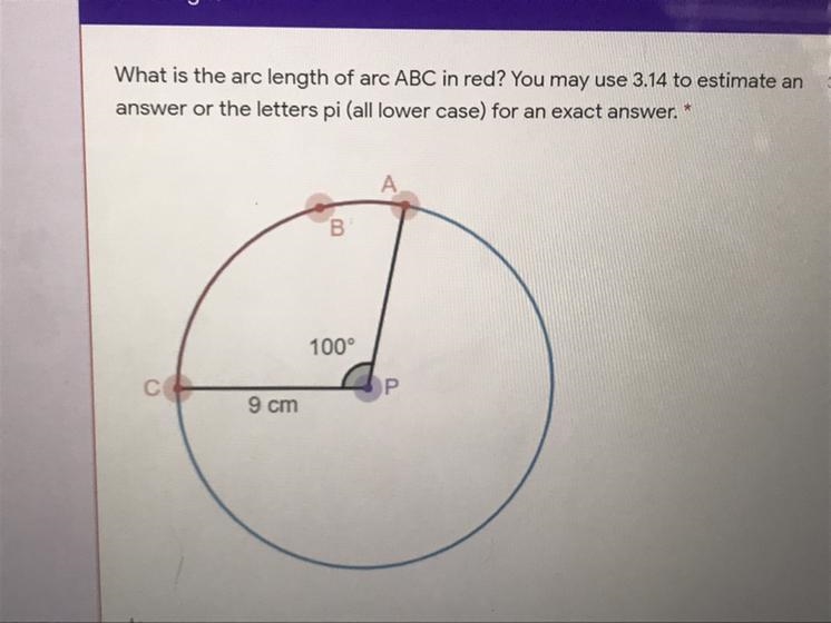 What is the arc length of arc ABC in red? You may use 3.14 to estimate an answer or-example-1